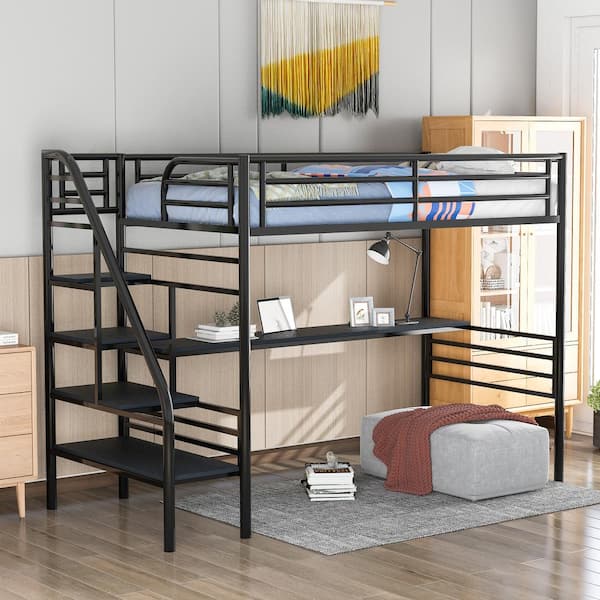 Black Twin Size Metal Loft Bed, Pictures Of Bunk Beds With Stairs