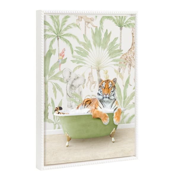 Kate and Laurel Modern Cute Safari Animal Bathtub Wall Art" 1-Piece White Framed Canvas Art Print, 18 in. x 24 in.