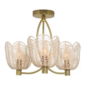 Isla 18.5 in. 3-Light Gold Semi-Flush Mount with Bell-Shaped Rattan Shades