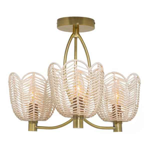 River of Goods Isla 18.5 in. 3-Light Gold Semi-Flush Mount with Bell-Shaped Rattan Shades