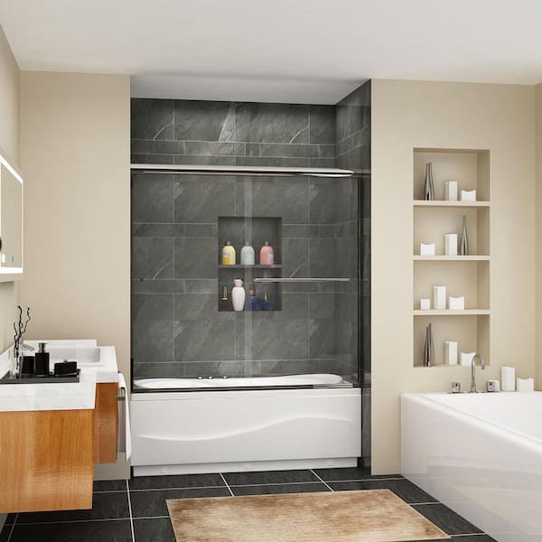 ANGELES HOME 60 in. W x 57.4 in. H Sliding Semi-Frameless Shower Door in Chrome Finish with Clear Glass