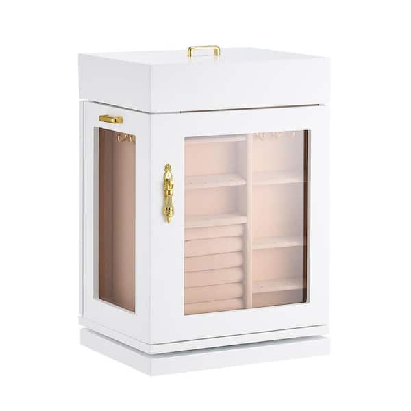 White Jewelry Box, 360° Rotating Jewelry Organizer with Magnetic Door, Spacious Storage Case with Metal Handles