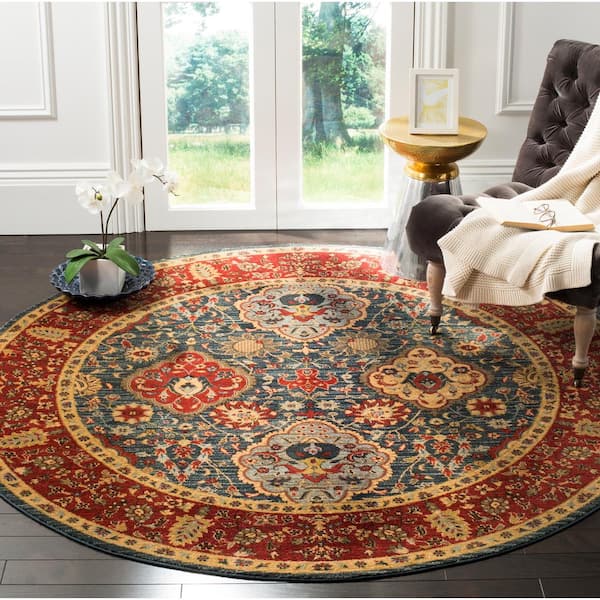 Mahal 3 ft. x 3 ft. Round Navy/Red Floral Border Area Rug