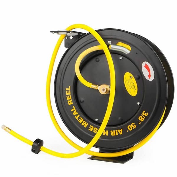 STARK USA 50 ft. x 3/8 in. I.D Retractable All-Weather Rubber Air Hose Reel with Auto Rewind, 1/4 in. NPT