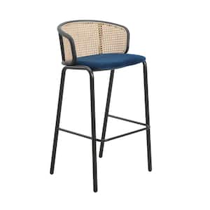 Ervilla Modern 29.5 in Wicker Bar Stool with Fabric Seat and Black Powder Coated Metal Frame (Navy Blue)