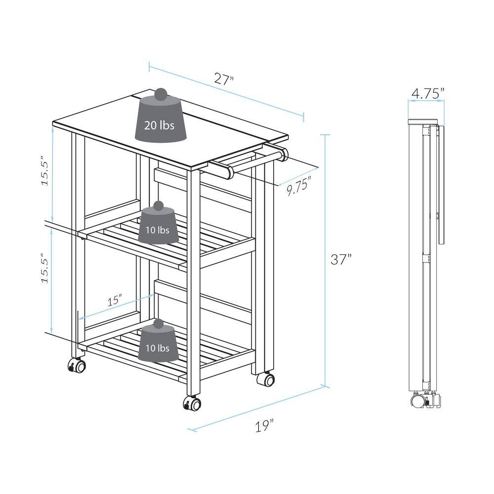 Trek Natural Pine Wood Folding Kitchen Cart with Storage