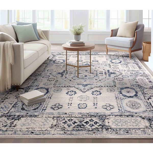 Omaha Leon Farmhouse, Medallion, Ivory Blue 9 ft. 3 in. x 12 ft. 6 in., Area Rug