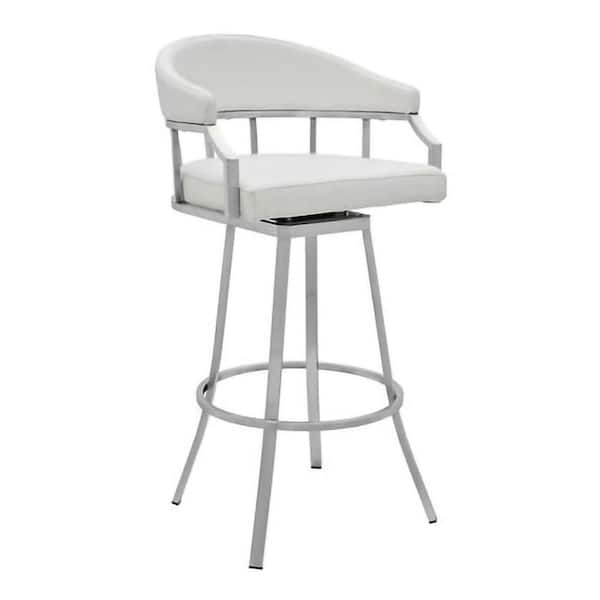 Benjara 26 in. White Low Back Metal Frame Barstool with Faux Leather Seat