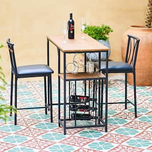 3-Piece Wood Top Rustic Wood Brown Bar Table Set with Wine Rack and Glass Holders