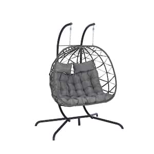 2 Person Wicker Outdoor Rattan Hanging Chair Patio Swing Wicker Egg Chair With Light Gray Cushion