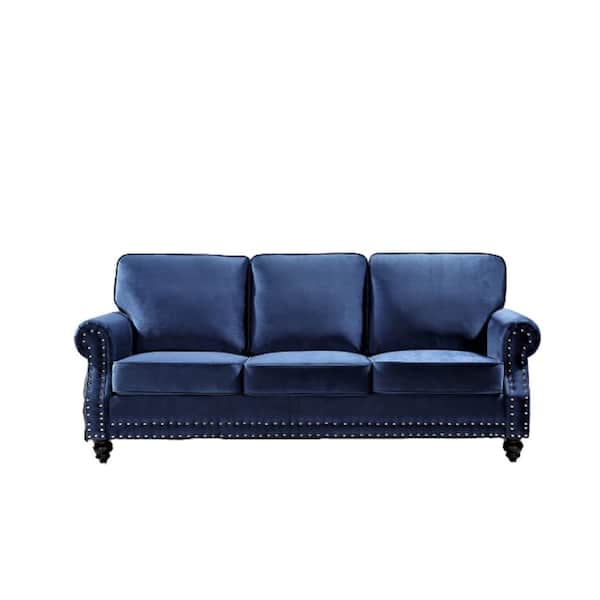 US Pride Furniture Ramos 85 in. W Round Arm 3-Seats Dark Blue Velvet Nailhead Straight Lawson Sofa in Blue