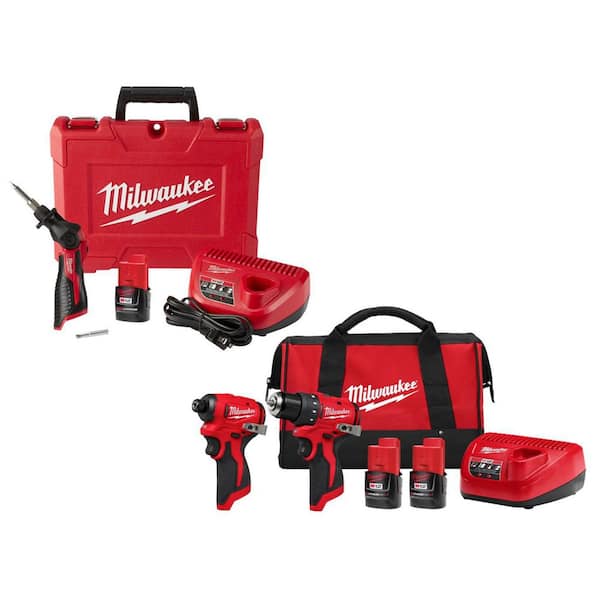 M12 12-Volt Lithium-Ion Cordless Soldering Iron Kit with 1. 5Ah Battery Charger, Hard Case, &Drill Impact Driver Kit