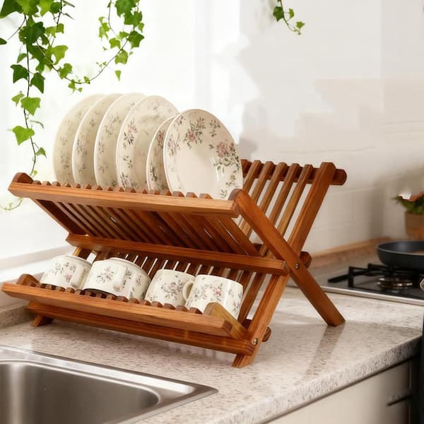 Teak Dish Drainer Rack, Collapsible 2 Tier Dish Drying Rack, Foldable Plate Organizer Holder for Kitchen Compact Storage