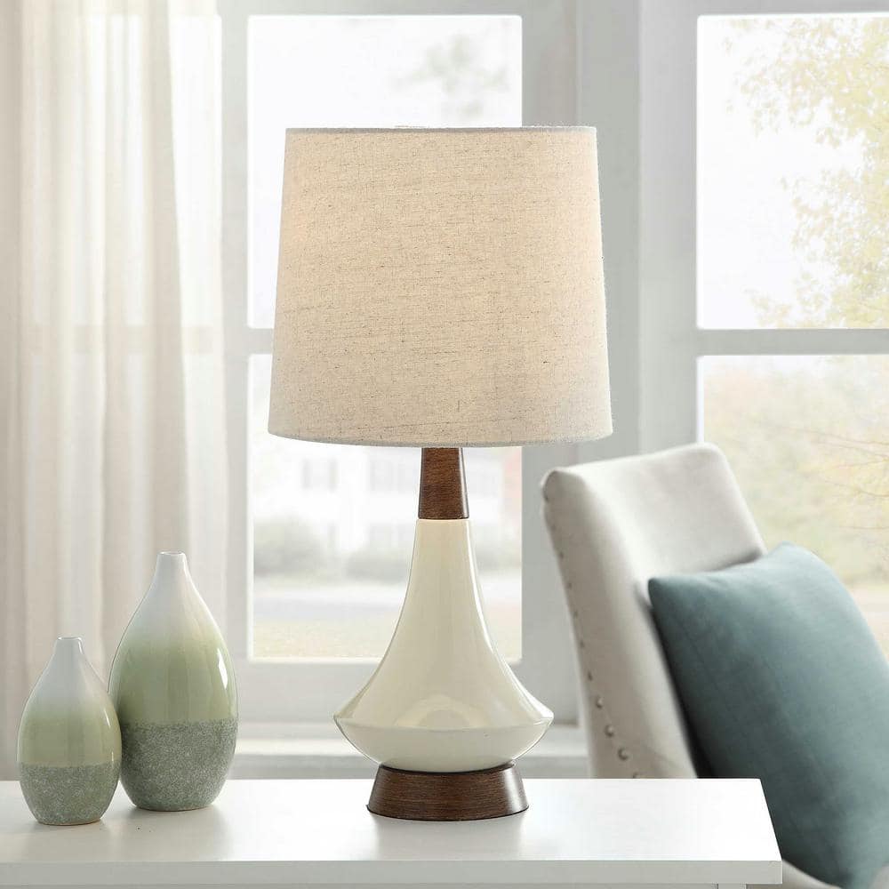 Cream Ceramic Table Lamp with Faux Wood Base and Oatmeal Shade