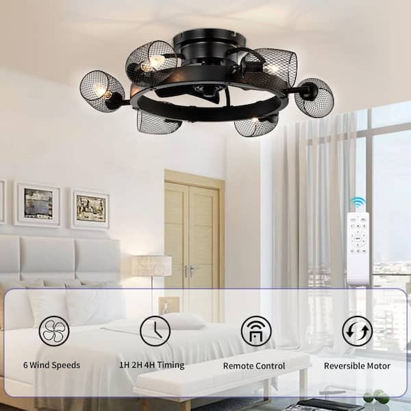26 in. 6-Light Low Profile Caged Black Indoor/Outdoor Flush Mount Ceiling Fan with Light and Remote control
