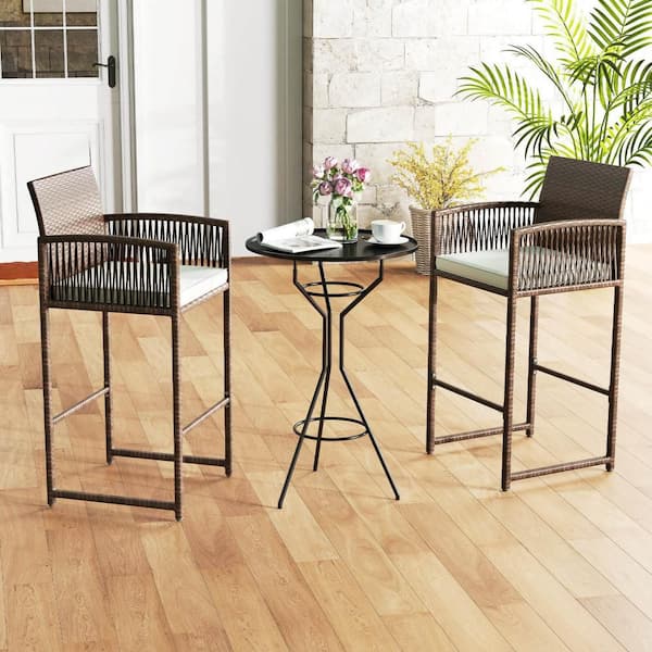 Metal Outdoor Bar Stool PE Rattan Bar Height Chairs with Backrests and Armrests Beige Cushion (4-Pack)