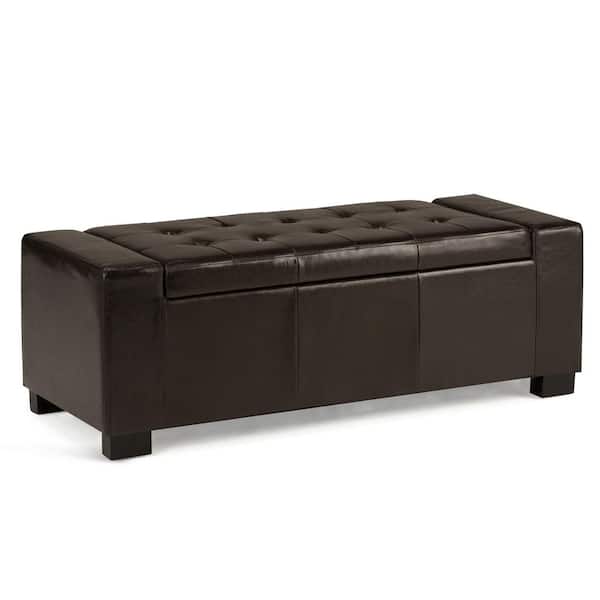 Simpli Home Laredo 51 in. Contemporary Storage Ottoman in Tanners Brown Faux Leather