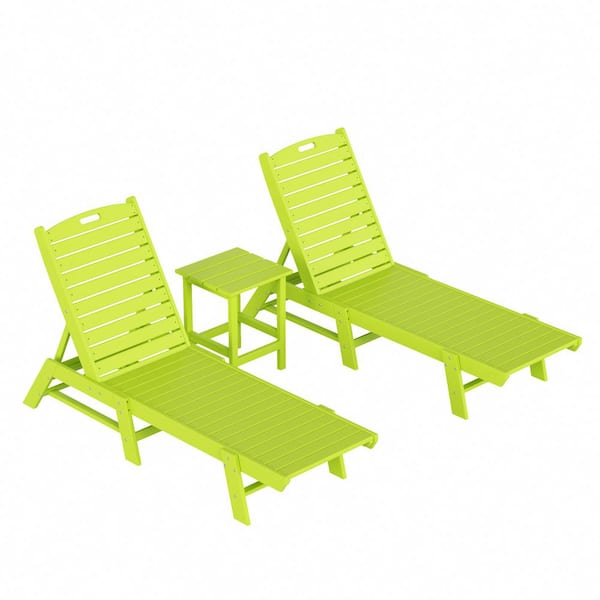 Laguna Lime 3-Piece All Weather Fade Proof HDPE Plastic Outdoor Patio Reclining Chaise Lounge Chairs with Side Table Set