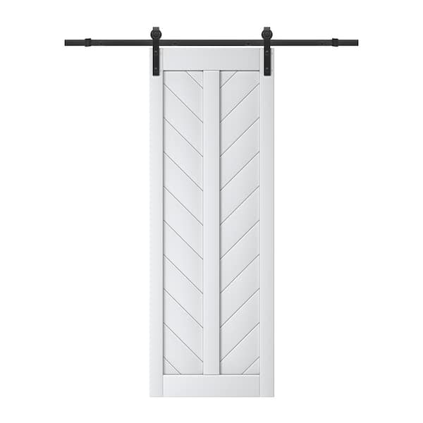 30 in. x 84 in. Paneled MDf White Primed Finished Herringbone Shape Sliding Barn Door Slab with Hardware Kit