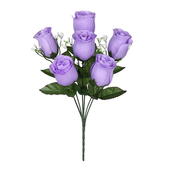 14 in. Lavender Purple Artificial Rose Bud Flower Stem Bush Bouquet (Set of 12)