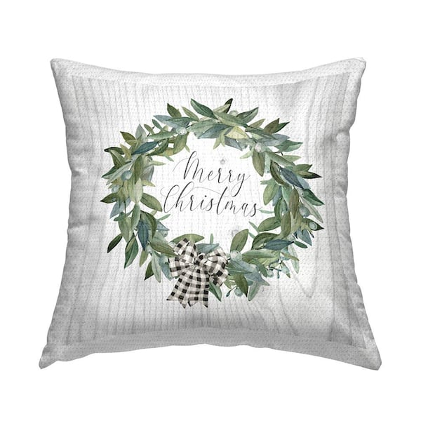 Merry Christmas Wreath Off-White Square Outdoor Throw Pillow