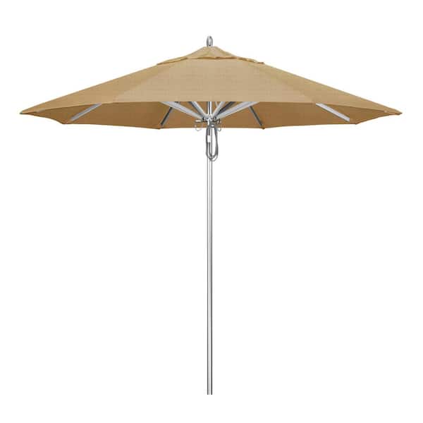 California Umbrella 9 ft. Silver Aluminum Commercial Market Patio Umbrella with Pulley Lift in Linen Sesame Sunbrella