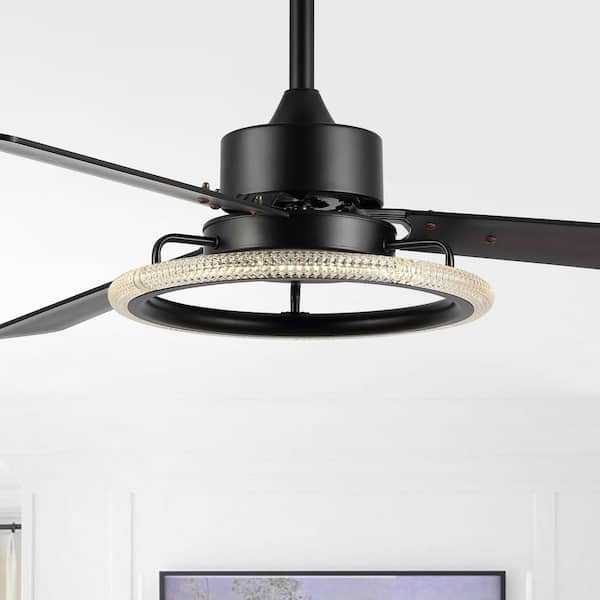 JONATHAN Y Remy 52 in. 1-Light Indoor Iron/Acrylic/Wood Remote-Controlled 6-Speed Integrated LED Ceiling Fan, Black/Dark Brown Wood