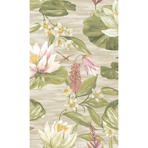 Beige Painted Waterlily Floral Printed Non-Woven Paper Non Pasted Textured Wallpaper 57 Sq. Ft.