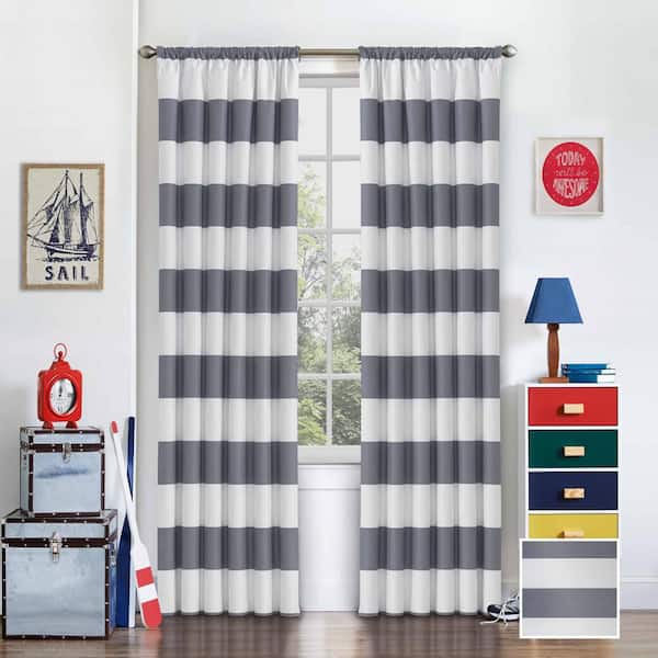 Eclipse Kids Peabody Thermaback Grey Stripe Pattern Polyester 42 in. W x 63 in. L Blackout Single Rod Pocket Curtain Panel