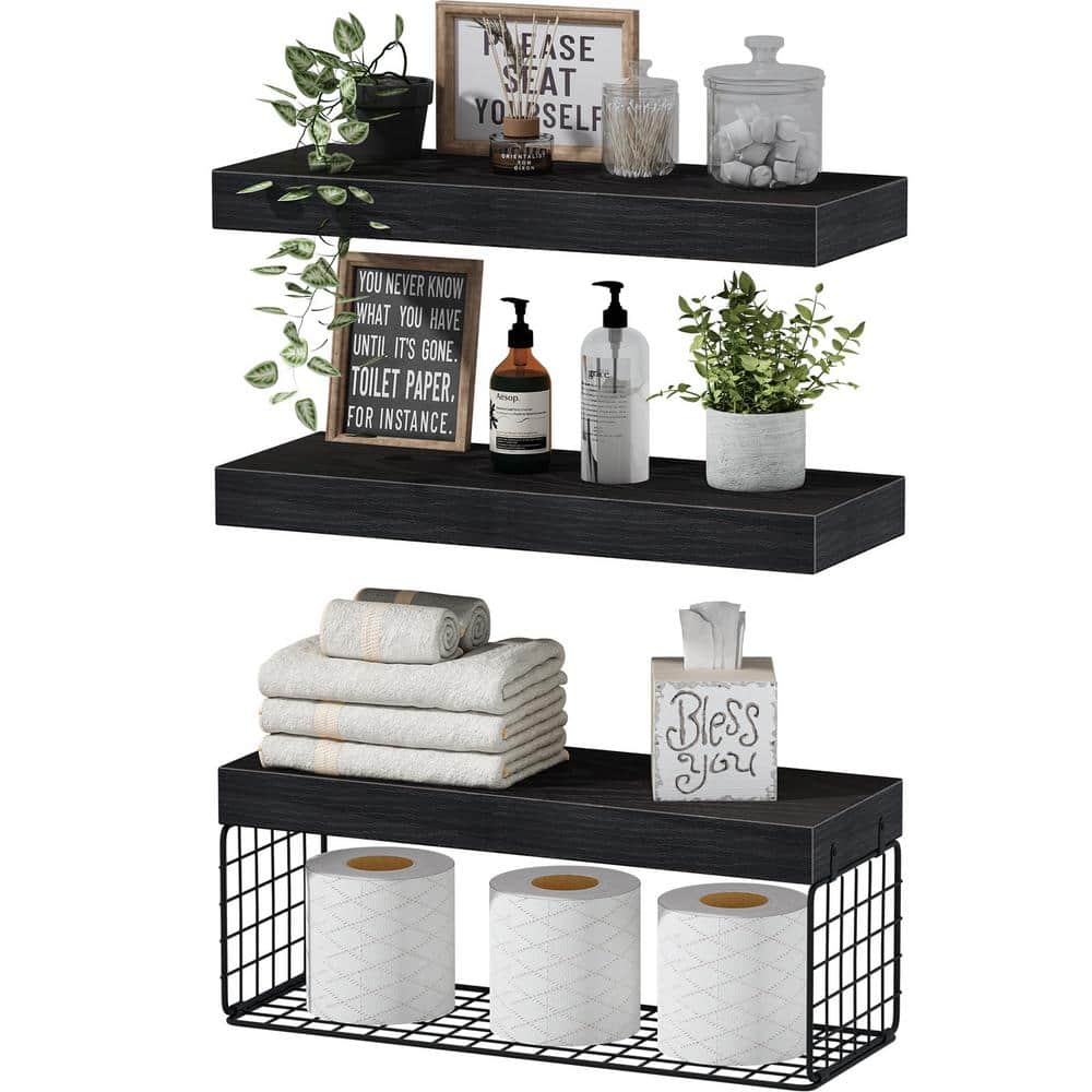 Bathroom Shelves Over Toilet Wall Mounted Floating Shelves Farmhouse Shelf Toilet Paper Storage Small 16 inch Set of 3,Black