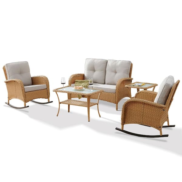 5-Piece Yellow Wicker Patio Conversation Set with Beige Cushions and Loveseat Side Table Flat Handrail Rocking Chairs