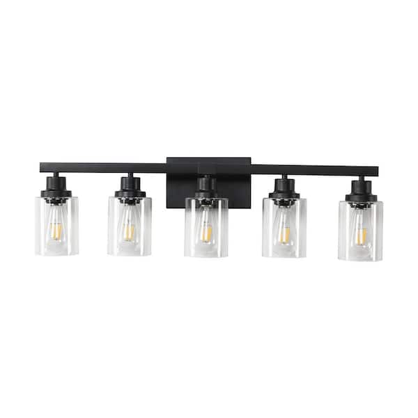 31 in. 5 Light Black Vanity Light Fixture Modern Iron Metal Bathroom Over Mirror Wall Lights with Clear Glass Shade