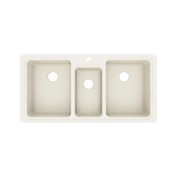 Drop-In/Undermount Solid Surface 44 in. 1-Hole 40/20/40 Triple Bowl Kitchen Sink in Bone