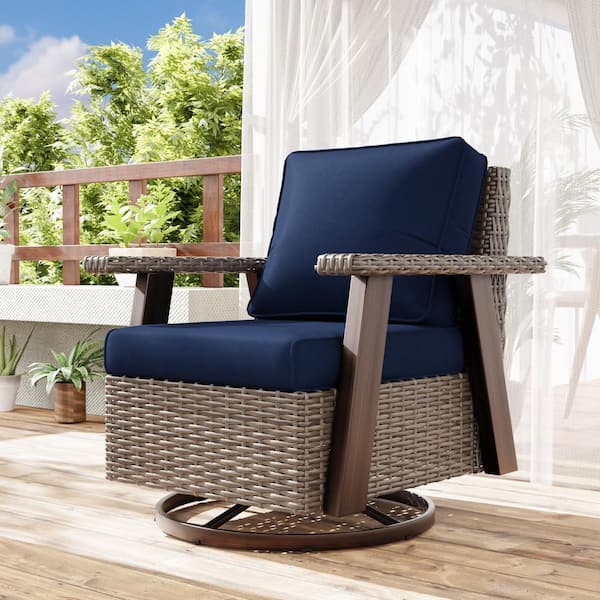 JOYSIDE Wicker Patio Outdoor Rocking Chair Swivel Lounge Chair with Deep Blue Cushion