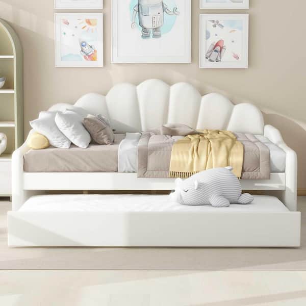 Lornic Modern White Velvet Upholstery Wood Frame Full Size Daybed with Shall Shaped Backrest and Trundle