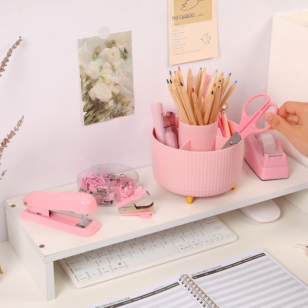 5.8 in. x 3.8 in. Desk Accessories with Rotating Pen Holder for Desk, Stapler, Staple Remover, Tape Dispenser, Pink