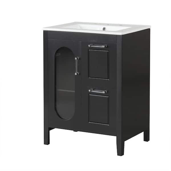 24 in W x 18.3 in. D x 33.2 in H Single Sink Freestanding Black Bath Vanity with White Ceramic Top and Adjustable Shelf