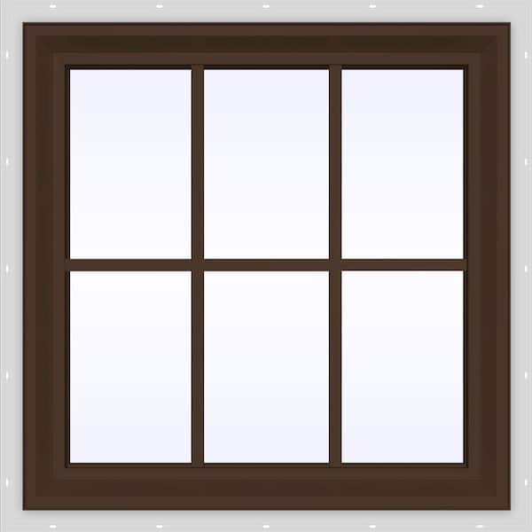 JELD-WEN 35.5 in. x 23.5 in. V-2500 Series Brown Painted Vinyl Fixed Picture Window with Colonial Grids/Grilles