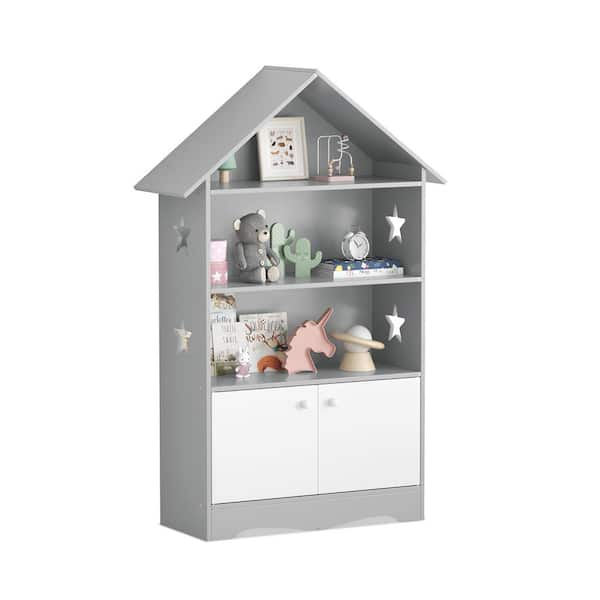 45.3 in. Gray/White Wood 4-Shelf Kids Bookcase with Doors Dollhouse Bookcase for Kids Bedroom
