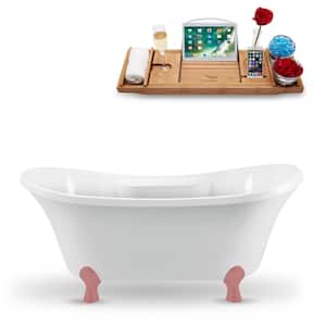 60 in. x 32 in. Acrylic Clawfoot Soaking Bathtub in Glossy White with Matte Pink Clawfeet and Glossy White Drain