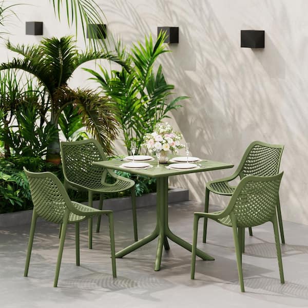 WESTIN OUTDOOR Frond and Form Olive Green Plastic All Weather 5-Piece Square Table Modern Outdoor Patio Dining Set-4 Stackable Chairs