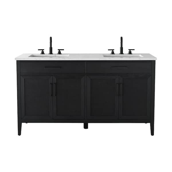 Cove 60 in. W Bath Vanity in Black Oak with Engineered Stone Top in Carrara White with White Sinks