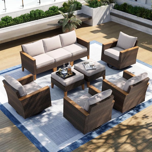 PHI VILLA Brown Wicker Rattan 9 Seat 9-Piece Steel Outdoor Patio Sectional Set with Beige Cushions,4 Swivel Sofas and 2 Ottomans