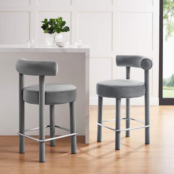 MODWAY Toulouse 26 in. in Gray Silver Wood Performance Velvet Counter Stool - Set of 2