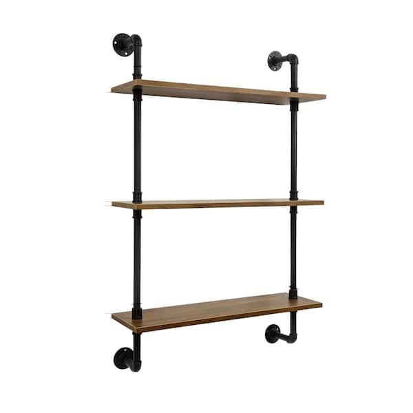 24 in. W x 7.8 in. D Brown Decorative Wall 3-Tier Industrial Pipe Floating Shelf