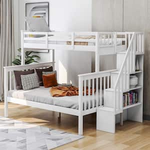 White Color Stairway Twin-Over-Full Bunk Bed with Storage and Guard Rail for Bedroom