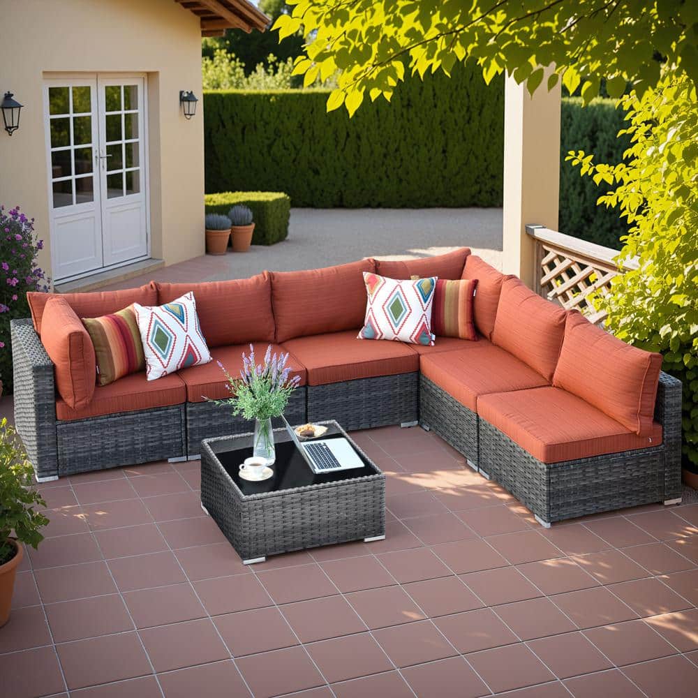 Helene Gray 7-Piece Wicker Outdoor Furniture Patio Conversation Sectional Sofa Set with Orange Red Cushions price history on PriceWatchPro
