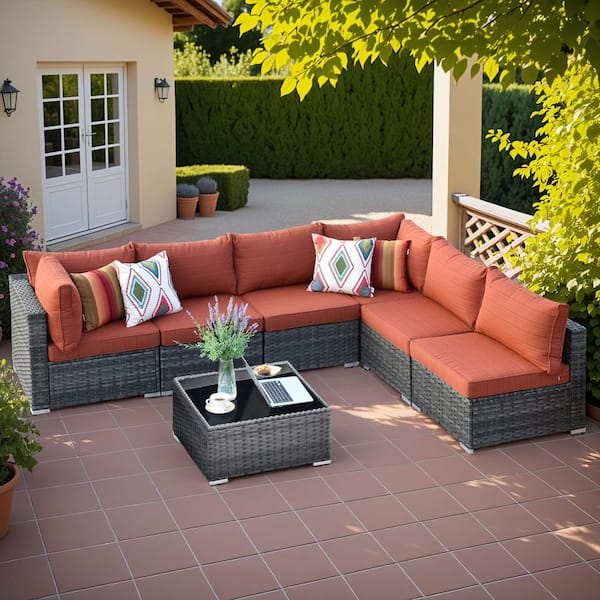 Helene Gray 7-Piece Wicker Outdoor Furniture Patio Conversation Sectional Sofa Set with Orange Red Cushions