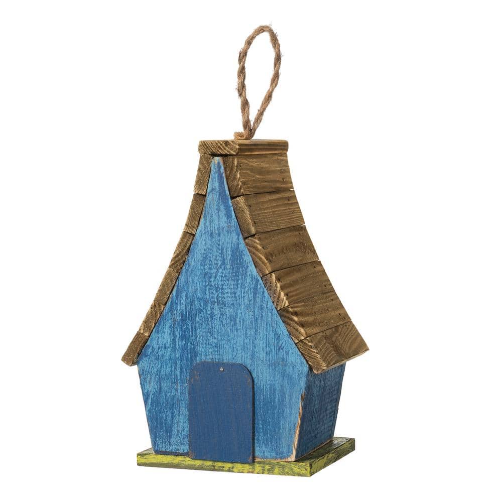 Distressed Blue Wooden Birdhouse with 3D Tree and Slatted Roof