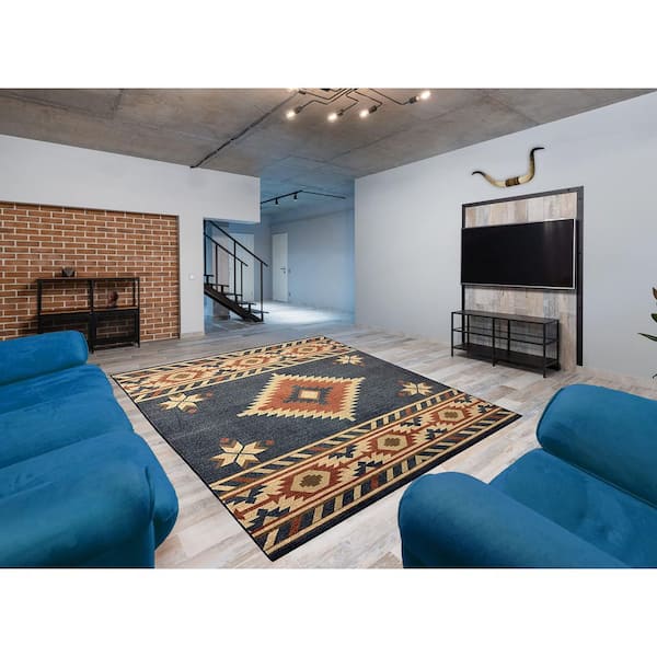 5 ft. x 7 ft. Navy Blue-Beige Southwestern Pattern Area Rug